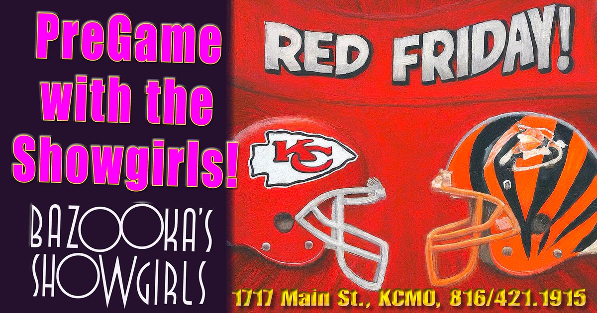 The Best Place to Kick it for #REDFridays is Bazooka's Showgirls!
Our Back Fields are in Motion 'Til 3am!
#RedFriday #ChiefsKingdom #RedFridayKC #NFL #Football  #GameDay #Bengals #WhoDey #RuleTheJungle #Chiefs #KansasCity #BengalsvsChiefs #ChiefsvBengals #AFC #PatrickMahomes