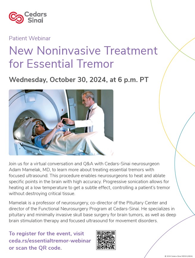 NeurosciencesCS's tweet image. Please join us for an informative webinar of MRI-guided focused ultrasound on 10/30/2024. This novel treatment option is for patients with Essential Tremor or patients with tremor-dominant Parkinson's Disease.