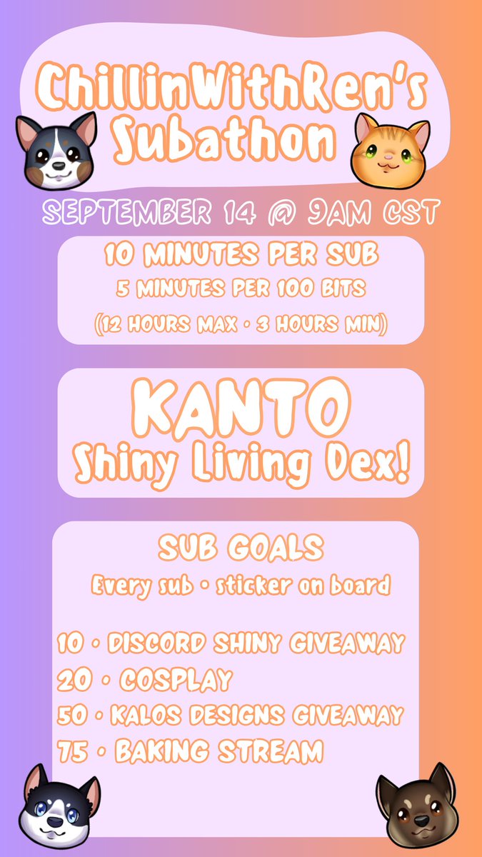 I will be doing a subathon tomorrow starting at 9 AM CST! We will be focusing on doing a Kanto Shiny Living Dex. Plus a few different games to play as a community in between pokemon gaming. I hope to see you all there! 🧡

twitch.tv/ChillinWithRen

#twitch #subathon #pokemon