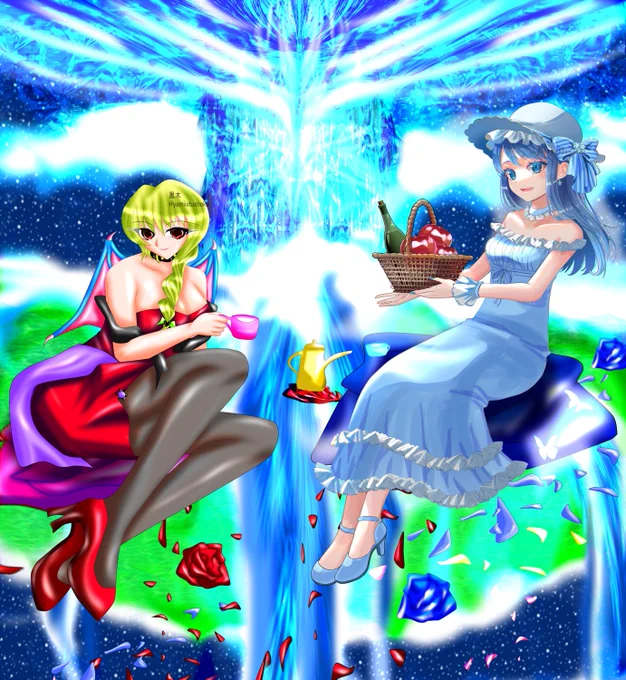 過去絵投下タグを、尊き、さちさんがされてましたので、タグをお借りしました～青色を好まれる、さちさんとのコラボ絵、私は青を基調の背景を描かせて頂く時、凄く気合が入ります…【素晴らしき青を捧ぐ者】を志し、喜んで頂ける様に…#みんなの過去絵ギャラリー#夏の終わりに過去絵をたしなむ 