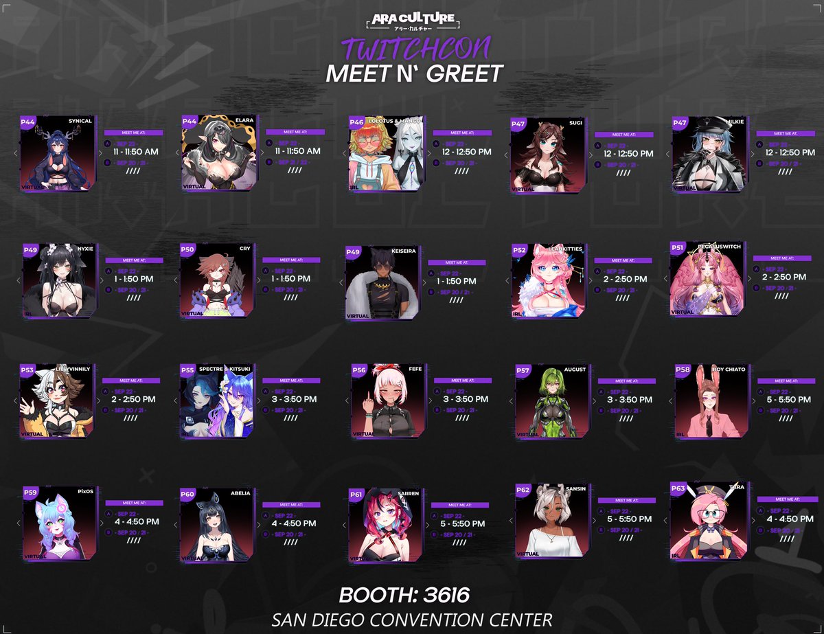 araculture_'s tweet image. 👾TWITCH CON MEET N GREETS👾 

We are happy to announce we will be hosting a ton of virtual and IRL meet n greets for twitch con! 

IRL meets: WILL BE TICKETED. Please come up to our booth at the beginning of the day to pick up a ticket for that persons slot! 

Virtual: lines…