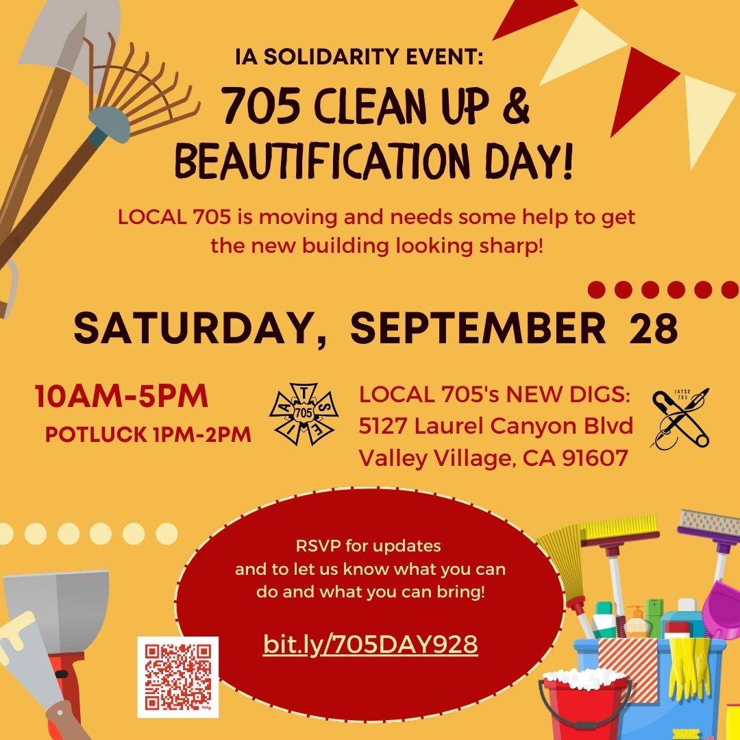 MPC705's tweet image. IA SOLIDARITY EVENT:  705 Clean up &amp;amp; Beautification Day!
#MPC705 is moving &amp;amp; needs some help to get the new building looking sharp!
9/28, 10-5 
5127 Laurel Canyon Blvd, Valley Village
RSVP bit.ly/705DAY928
All union kin &amp;amp; supporters welcome!
#iatse #MotionPictureCostumers