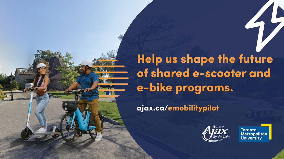 🛴🚲Attention e-scooter and e-bike riders: Help us determine the continuation of the Shared E-scooter and E-bike Pilot Program.

➡️Visit ajax.ca/emobilitypilot in the “Get Involved” section to participate in either a:

🔹1-hour interview with <a href="/TorontoMet/">Toronto Metropolitan University</a> 
🔹15-minute survey