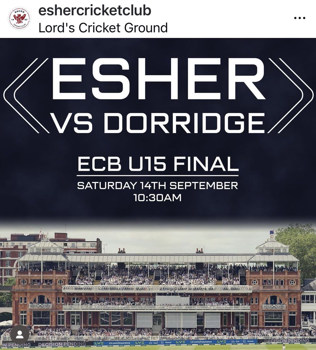 Esher CC - Boys Cricket (@esherccboys) on Twitter photo Looking forward to the ECB U15 T20 National Final tomorrow <a href="/HomeOfCricket/">Lord's Cricket Ground</a> <a href="/eshercc/">Esher Cricket Club</a> <a href="/DorridgeCC/">Dorridge Cricket Club</a> <a href="/SurreyCricketFd/">Surrey Cricket Foundation</a> Looking forward to the ECB U15 T20 National Final tomorrow <a href="/HomeOfCricket/">Lord's Cricket Ground</a> <a href="/eshercc/">Esher Cricket Club</a> <a href="/DorridgeCC/">Dorridge Cricket Club</a> <a href="/SurreyCricketFd/">Surrey Cricket Foundation</a>