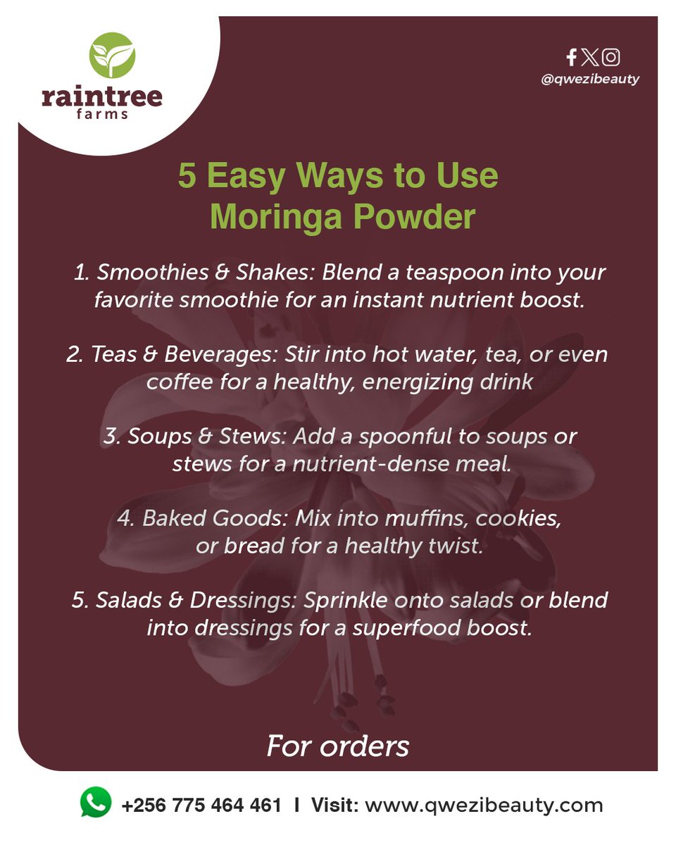 RT_farms's tweet photo. One powder, countless benefits! Whether you're blending, baking, or brewing—we've got you covered, 💪 from smoothies 🥤 to soups. Give your meals 🍽️ a healthy twist.

📲 WhatsApp us on +256775464461 and start your Moringa journey. 
#RaintreeFarms #NaturallyEnriching https://t.co/R1lh5zpuct