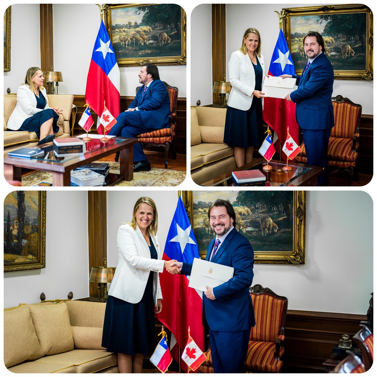 ¡Buenas noticias! 🎊 Nuestra nueva embajadora designada, <a href="/karolina_guay/">Karolina Guay 🇨🇦</a>, llegó e hizo una visita de cortesía a <a href="/Minrel_Chile/">Cancillería Chile 🇨🇱</a> para presentar copias de sus Cartas Credenciales. Esperamos continuar con solidas relaciones entre Canadá y Chile con su guía. #Bienvenida 🇨🇦✨