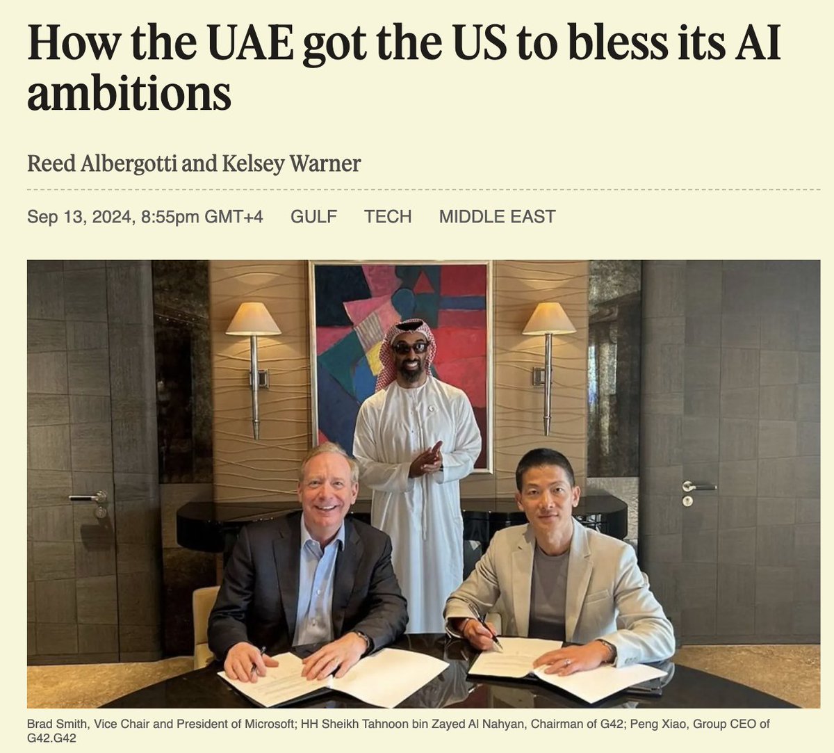 الإمارات تحصل على رقائق "إنفيديا" فائقة التطور التي تشغل أنظمة الذكاء الاصطناعي🇦🇪🇺🇸

▪️الولايات المتحدة 🇺🇸 وافقت على بيع رقائق إنفيديا المتطورة إلى شركة "G42" الإماراتية 🇦🇪 المتخصصة في مجال الذكاء الاصطناعي.

▪️رقائق إنفيديا "H100"  محظور بيعها إلا بموافقة الحكومة الأمريكية لأنها