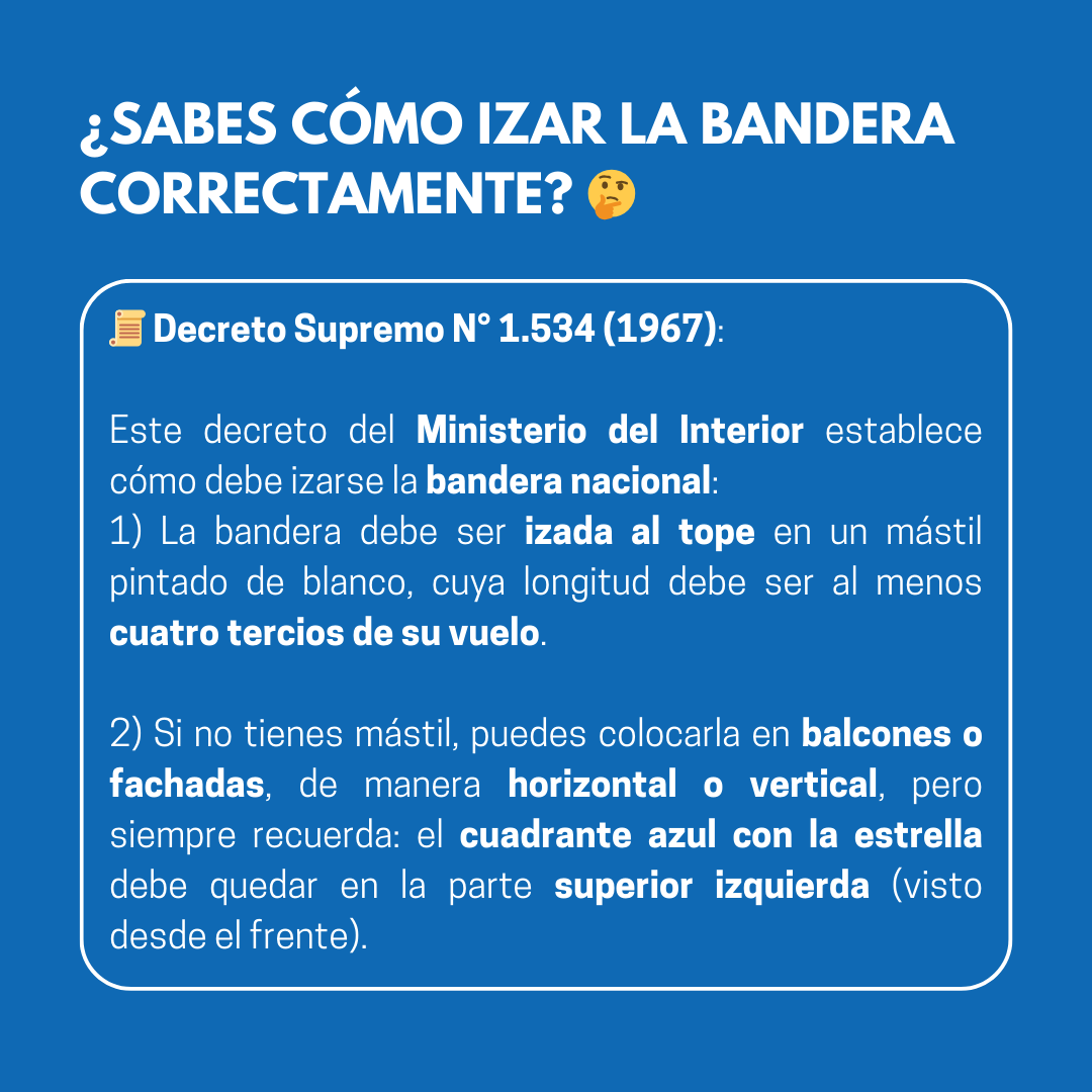 ¿Sabías que según la Ley N° 20.537, izar la bandera chilena durante las Fiestas Patrias (18 y 19 de septiembre) y el 21 de mayo es obligatorio?
Te contamos los detalles 🙌

#FiestasPatrias #LeyChilena #BanderaChile