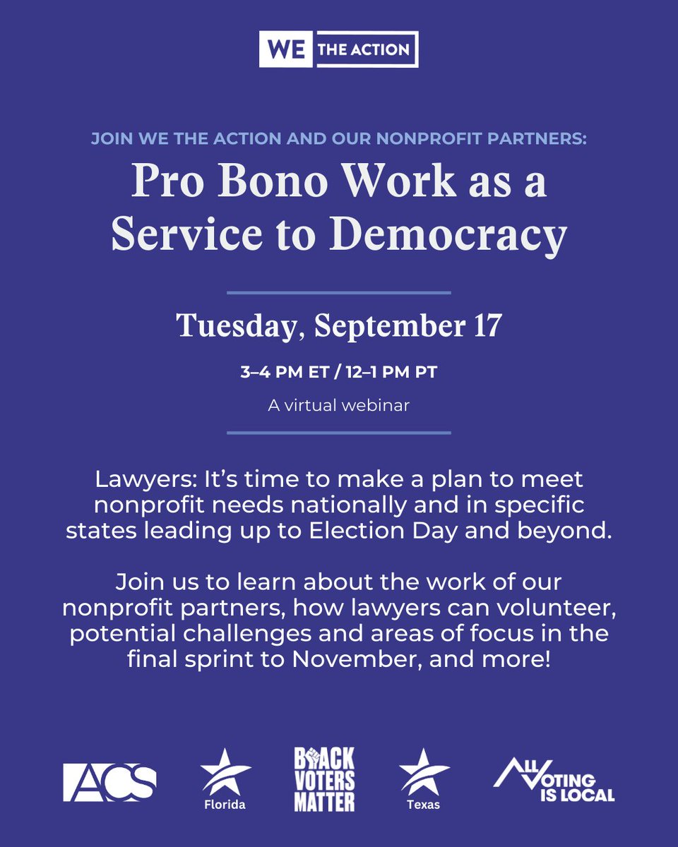 WeTheAction's tweet photo. Join us and our partners at @VotingIsLocal, @ACSLaw, @BlackVotersMtr, @CommonCauseFL, and @CCauseTexas for a webinar on Tuesday, September 17 at 3 PM ET! RSVP ASAP ⤵️
https://t.co/OuwVughErZ https://t.co/vNYWGhx9iD
