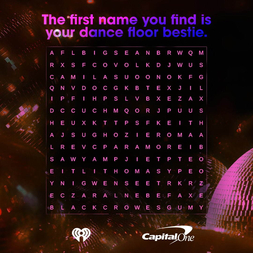 iHeartRadio's tweet photo. Which name did you find first to join you at our @CapitalOne discoteca (going down next week at our #iHeartFestival!!!) 🪩 https://t.co/KjJS9rQCSu