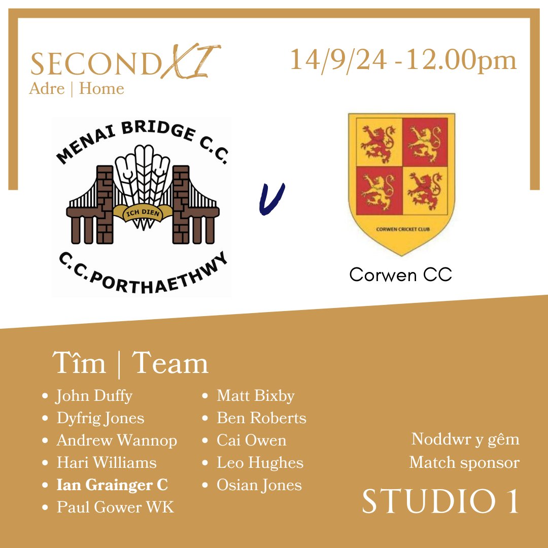 Menai Bridge CC (@menaicc) on Twitter photo Cyhoeddiad tîm | Team announcement
Diolch i Studio 1 Hair and Beauty Clinic am noddi'r gêm | Thanks to Studio 1 for sponsoring the game.
Thanks also to our player sponsors
Andrew Wannop: <a href="/MBTigers/">Menai Bridge Tigers FC</a>
Matt Bixby: Arete Llanrug
Cai Owen: <a href="/evansbrosmenai/">Evans Bros</a>
Leo Hughes: Aaron Austin PT Cyhoeddiad tîm | Team announcement
Diolch i Studio 1 Hair and Beauty Clinic am noddi'r gêm | Thanks to Studio 1 for sponsoring the game.
Thanks also to our player sponsors
Andrew Wannop: <a href="/MBTigers/">Menai Bridge Tigers FC</a>
Matt Bixby: Arete Llanrug
Cai Owen: <a href="/evansbrosmenai/">Evans Bros</a>
Leo Hughes: Aaron Austin PT