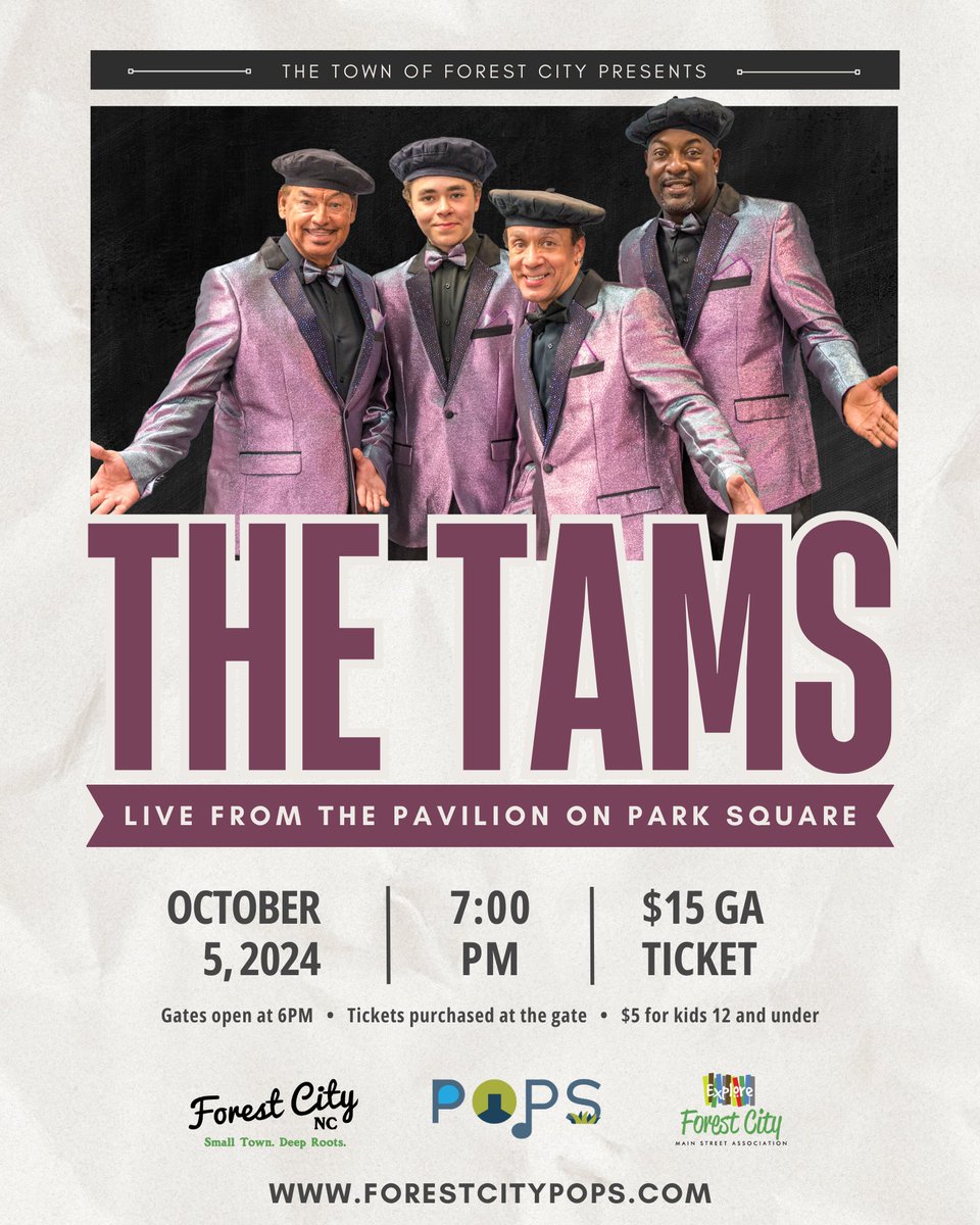 pops_forestcity's tweet image. Mark your calendars for Saturday, October 5! The Tams are coming to Forest City for a concert you DON'T want to miss! 🎶

Tickets will be sold at the gate the day of the concert.

For more information, visit forestcitypops.com!