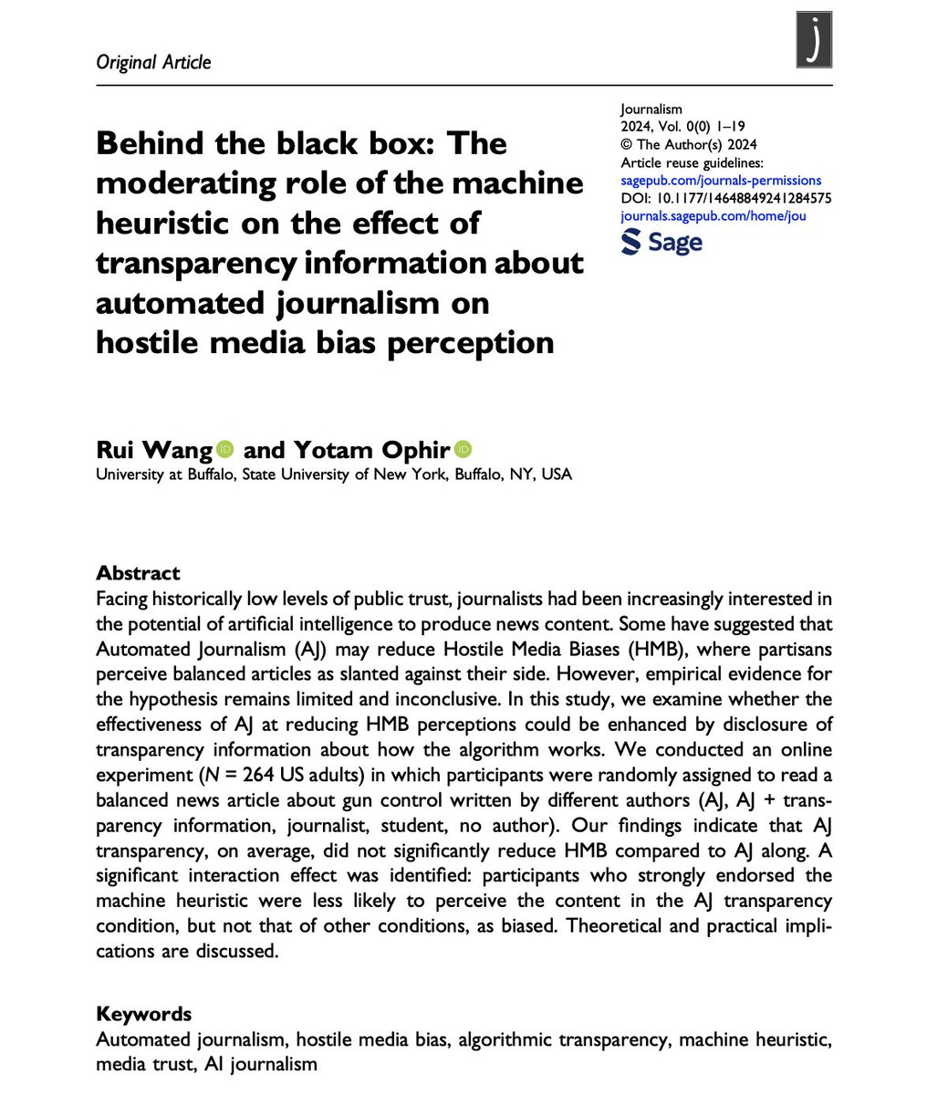 🚨 New Publication Alert! 🚨 I'm excited to share that our latest paper (w/@ophiryotam) is now live in Journalism! 🎉We explore if disclosing transparency info about #AI journalism can reduce hostile media bias. journals.sagepub.com/doi/10.1177/14… (1/5)