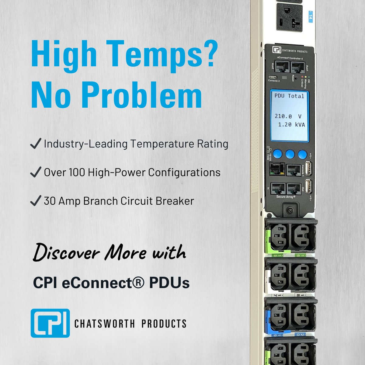 In high-density environments, every degree counts. Our eConnect® intelligent PDUs are designed to withstand heat, with an industry-leading temperature rating of up to 149°F (65°C). 

Explore more: chatsworth.com/en-us/products…

#IntelligentPDU  #HighPowerPDUs #GPU #AI #DataCenterPower
