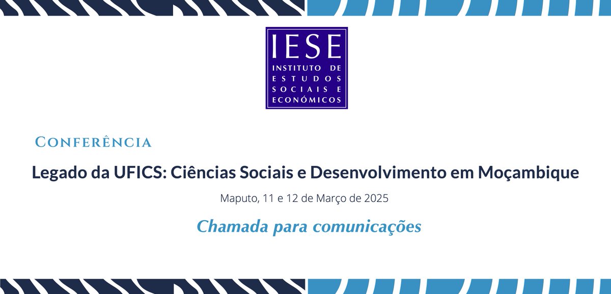 Chamada para comunicações para a conferência “Legado da UFICS: ciências sociais e desenvolvimento em Moçambique”
Submeta as #propostas_de_comunicações até 13 de Outubro de 2024. 
Mais detalhes no link: bit.ly/3ziyh8q
