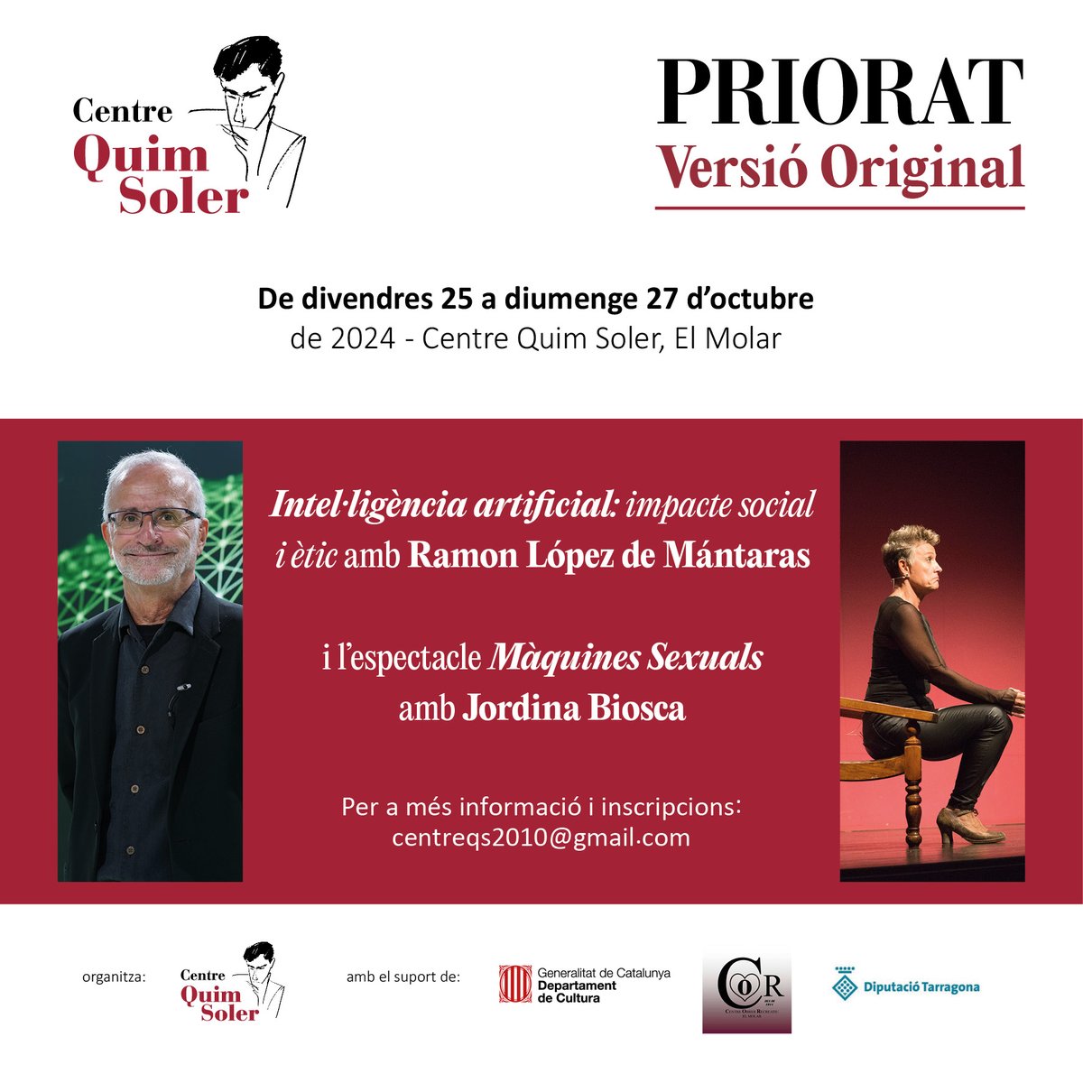 centrequimsoler's tweet photo. 🍷 Primer cap de setmana de Priorat Versió Original del curs. Parlarem de l'anomenada intel·ligència artificial amb algú que en sap un niu. I debatrem les implicacions que comporta a partir d'un espectacle que posa el dit a la llaga.

#prioratversiooriginal #elmolar #cqs #cultura https://t.co/MGG1tCyNka