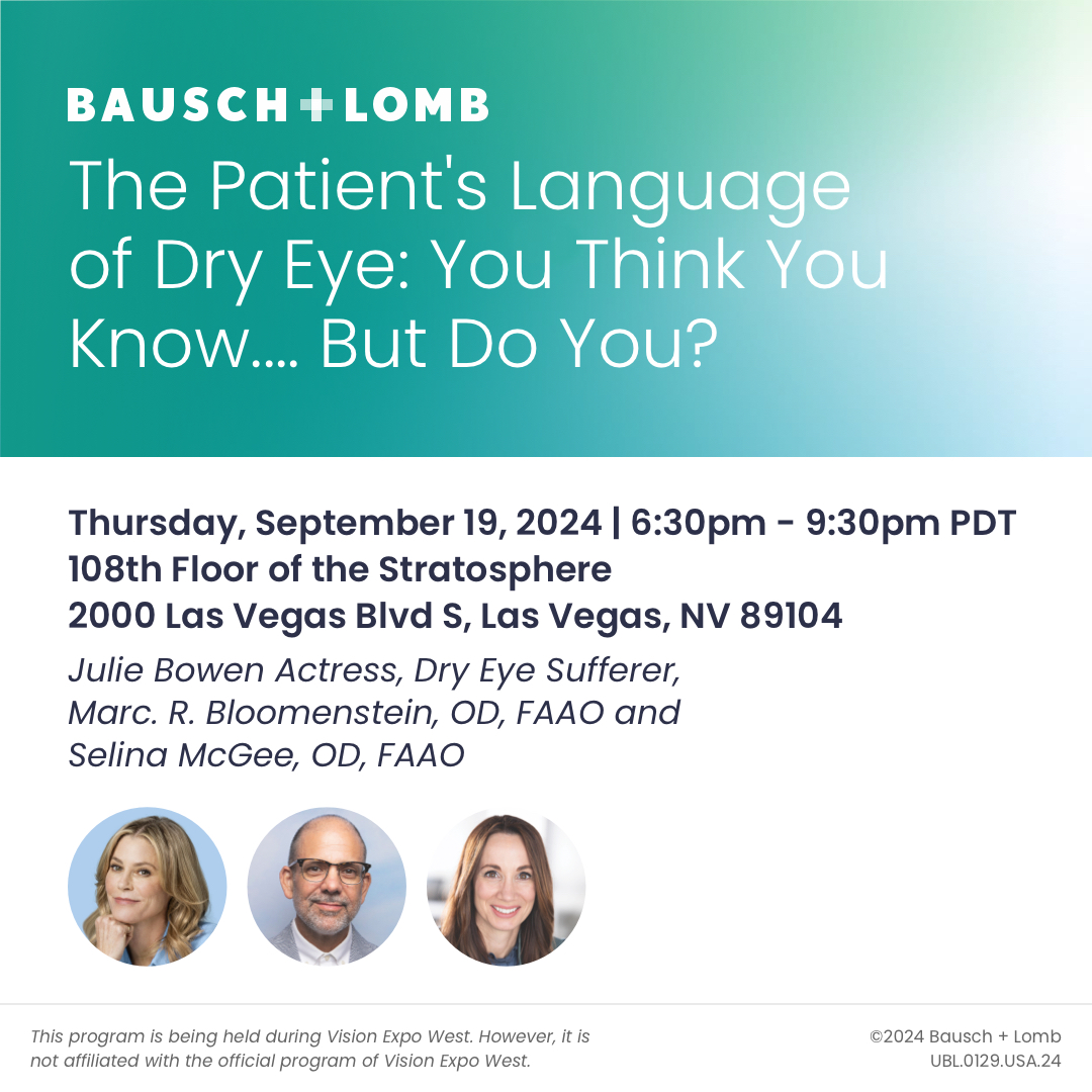 #ad Do you understand your patients’ language of dry eye? Join Bausch + Lomb for a discussion on the state of #dryeye during #VisionExpo. Reserve your spot for Sept. 19 and enjoy food, cocktails, and spectacular views! 
 
Register here: bit.ly/4ecmCXv