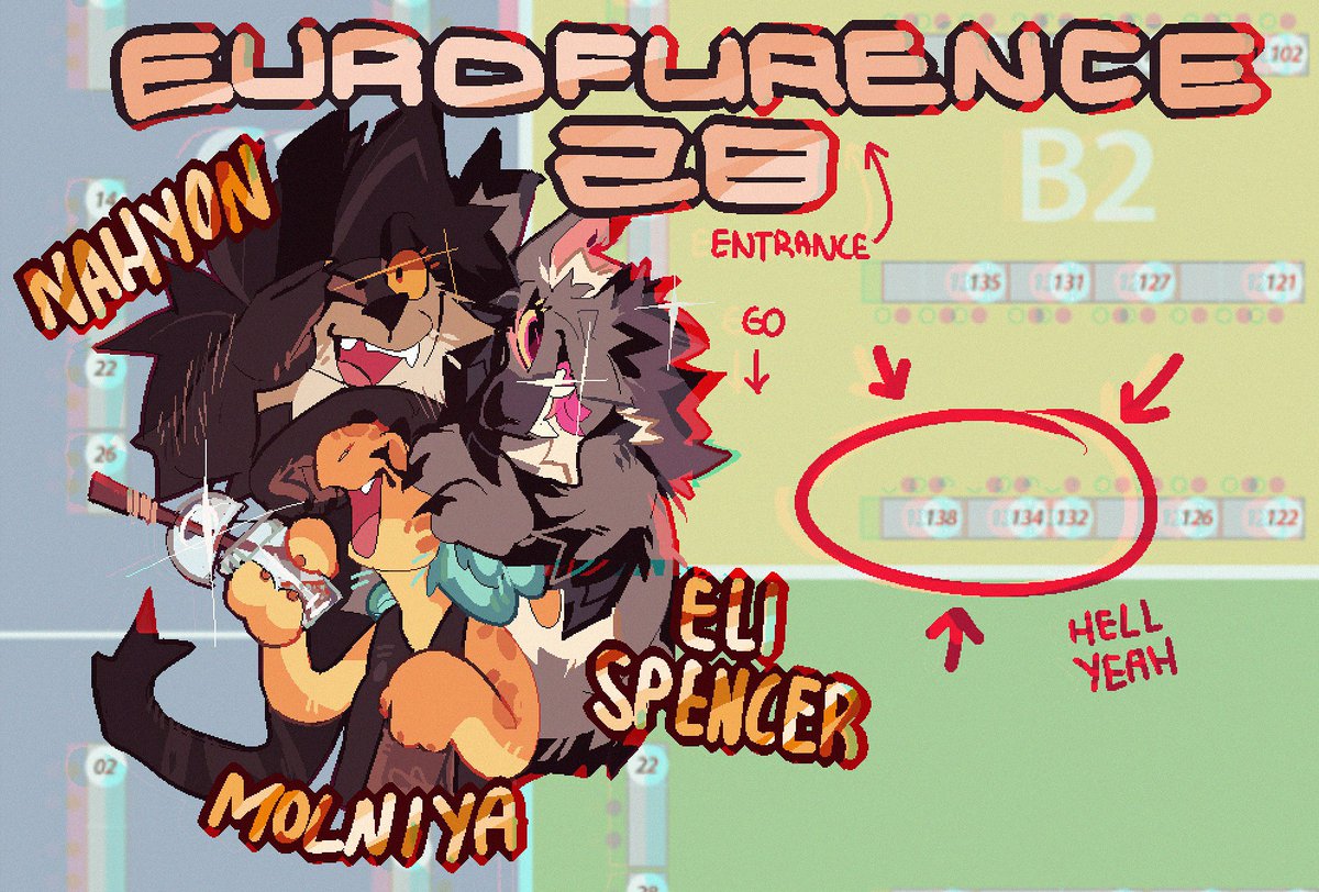 LethalSquare's tweet photo. That line up ...
(check their art out too it's gorgeous) @goyagoat @Flowerdino and ME in Dealers den Squadron B2! 
#eurofurence28 Cat and dragon lovers come here https://t.co/hc1C3SYE6L