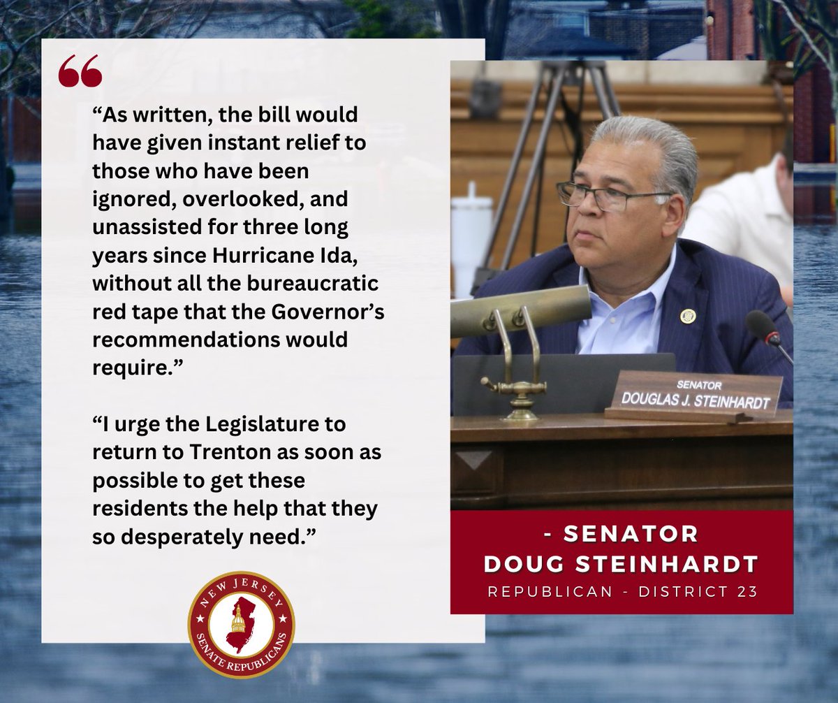NJSenateGOP's tweet image. It's disheartening to learn that Gov Murphy vetoed legislation to provide assistance to those still struggling to recover from #HurricaneIda.

Bill sponsor @SenDSteinhardt is urging the Legislature to get back to work to help these residents in need.

➡️senatenj.com/CivicAlerts.as…