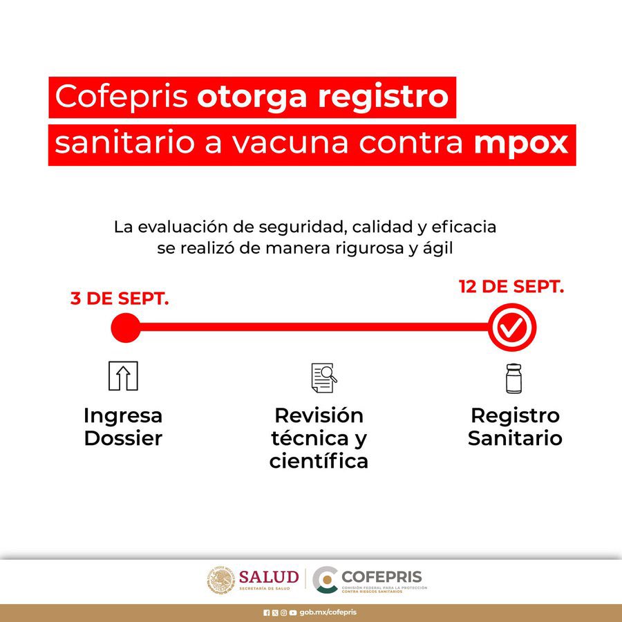 Gran paso el registro de la 💉 contra mpox, comentar que:
- El nuevo tipo de mpox no se ha reportado  en América 
- La 💉 aun no disponible en 🇲🇽 
- No se realizaría una vacunación masiva
- Ciertas regiones 🌍 y poblaciones son prioritarias 
- Necesario detección y reporte casos