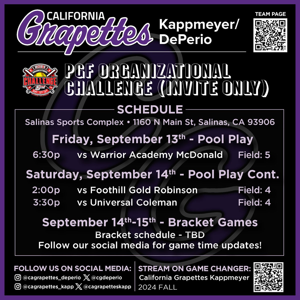 cagrapetteskapp's tweet photo. First event of the Fall season! 🍂

We will be competing in the PGF Org Challenge in Salinas, CA! First pitch is at 6:30p on Field 5! Hope to see you there! 
Or you can stream us live on Game Changer: California Grapettes Kapp (FALL 2024)

Let’s get it Grapes! 🍇 🤙🏽🥎 https://t.co/te2wgpJKWc