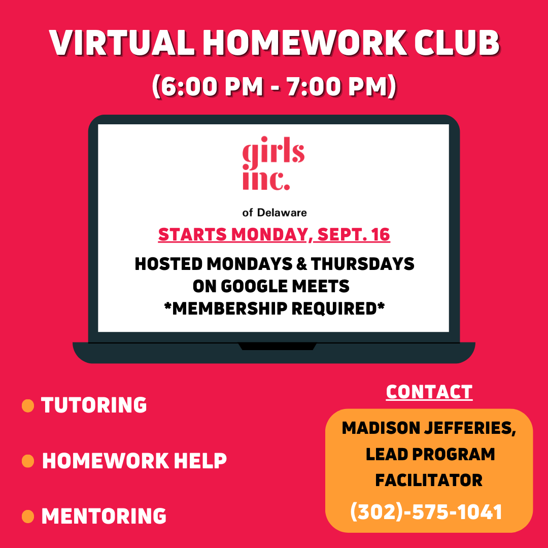 We our launching our Virtual Homework Club this coming Monday on Google Meet from 6-7 PM! Not signed up yet? Contact Ms. Madison Jefferies at mjerreries-askew@girlsincde.org to join!