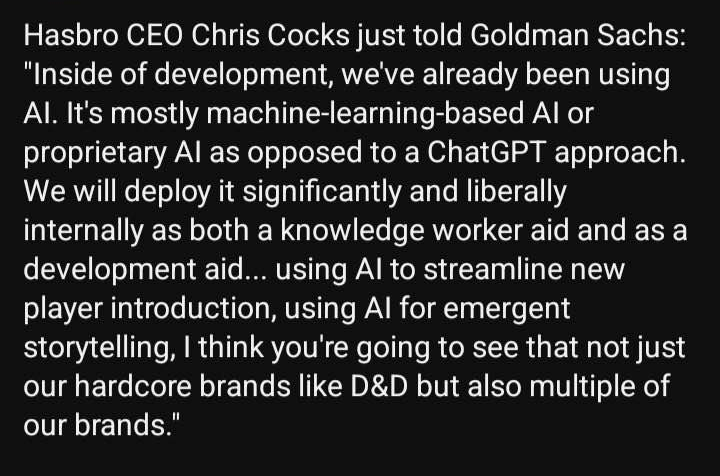 TieflingMelissa's tweet image. I'm so tired. How many times do we need to repeat this: Artifical Intelligence CANNOT replace human creativity and soul. WotC deserves all the backlash for this.

D&amp;amp;D was built on and only thrives because of the creative storytelling of DMs and Players, AI can never replace that.