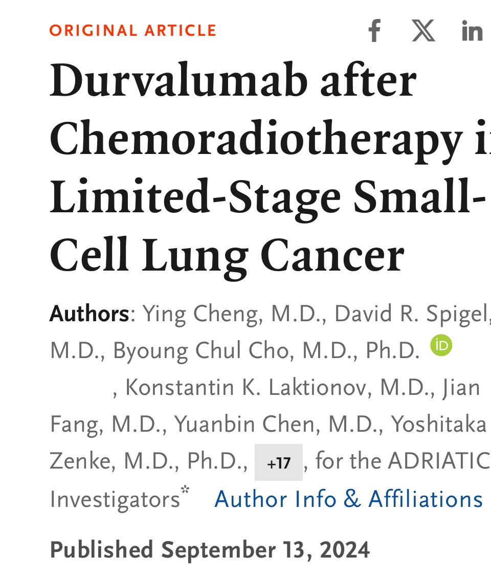 Latinamd's tweet photo. 🚨Out today #ADRIATIC @NEJM one of the most impactful @ASCO -Lung presentations this year: 

Durvalumab after Chemoradiotherapy in Limited-Stage Small-Cell Lung Cancer | 
⚡️New standard of care⚡️
N=760
▶️Durvalumab x2 yrs post CRT
⬆️mOS: 56 vs 33mos (HR 0.74)
⬆️mPFS: 16.6 vs 9.2 mos (HR 0.76)

@DavidRSpigel #lcsm 

🚨Out today #ADRIATIC @NEJM one of the most impactful @ASCO -Lung presentations this year: 

Durvalumab after Chemoradiotherapy in Limited-Stage Small-Cell Lung Cancer | 
⚡️New standard of care⚡️
N=760
▶️Durvalumab x2 yrs post CRT
⬆️mOS: 56 vs 33mos (HR 0.74)
⬆️mPFS: 16.6 vs 9.2 mos (HR 0.76)

@DavidRSpigel #lcsm 
https://t.co/T5l6vicdt8