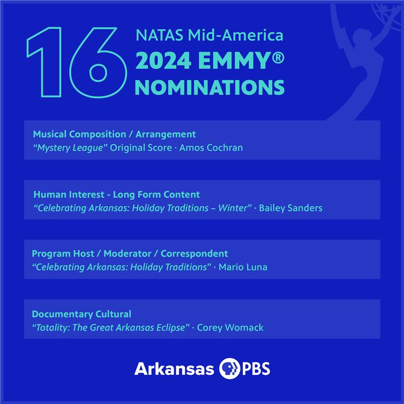 ArkansasTV_'s tweet photo. We’re thrilled to share that Arkansas PBS has received 16 nominations for the 48th annual @emmymidam Awards! Congratulations to our talented team members and deep thanks to our dedicated partners for making these phenomenal productions possible.

More: https://t.co/btnmm5AdbY https://t.co/HroodXteBo