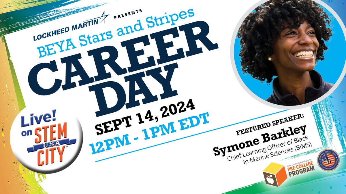 WOCTechnology's tweet image. High School Students! BEYA Stars &amp;amp; Stripes Career Day is coming Sat., Sept. 14 at 12 PM EDT. This week's episode features Symone Barkley, Chief Learning Officer, @blackinmarsci. stemcityusa.com/educational-di…

#BEYAStarsandStripes #STEMStudents #StudentsinSTEM #MarineBiology