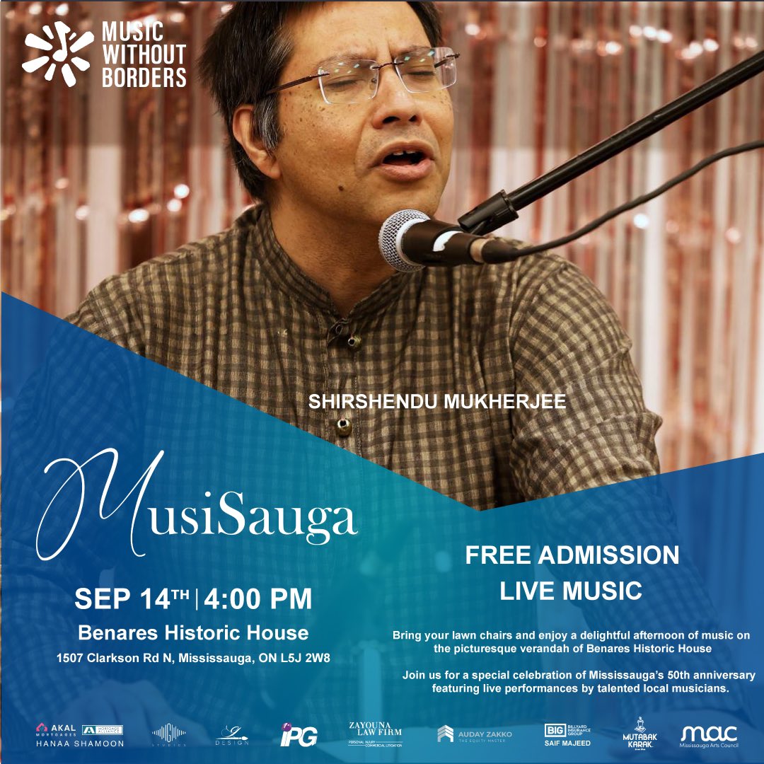 Music Without Borders- Musique Sans Frontières (@mwb_canada) on Twitter photo We're thrilled to announce that Shirshendu Mukherjee will be performing at MusiSauga: A Celebration of Mississauga's 50th Anniversary!
Join us this Saturday for an afternoon of live music on the verandah of the Benares Historic House.
This event is funded by the <a href="/MissArtsCouncil/">Mississauga Arts Council</a>! We're thrilled to announce that Shirshendu Mukherjee will be performing at MusiSauga: A Celebration of Mississauga's 50th Anniversary!
Join us this Saturday for an afternoon of live music on the verandah of the Benares Historic House.
This event is funded by the <a href="/MissArtsCouncil/">Mississauga Arts Council</a>!