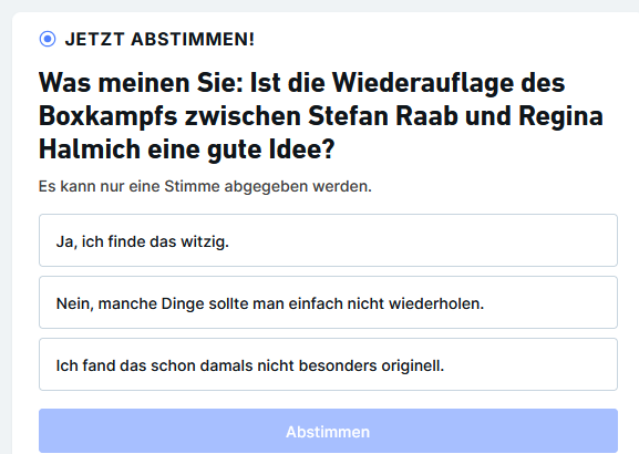 Rako_2003's tweet image. Morgen dann: Was meinen Sie: War unserer gestrige Umfrage Schwachsinn? 
Ja
Ja
Ja

#pdlj #raab #boxkampf #halmich