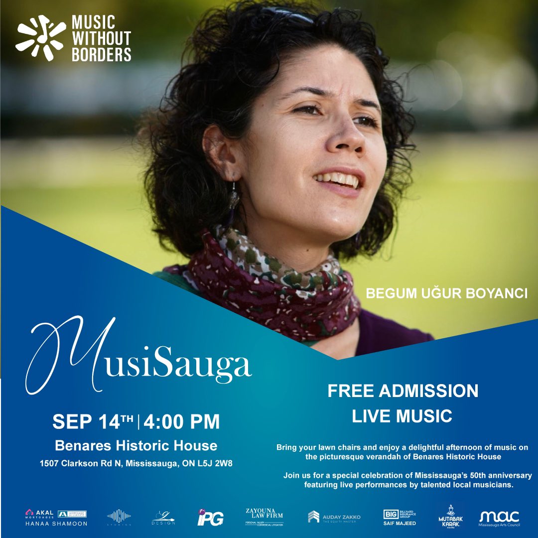 Music Without Borders- Musique Sans Frontières (@mwb_canada) on Twitter photo We're thrilled to announce that Begum Uğur Boyancı will be performing at MusiSauga: A Celebration of Mississauga's 50th Anniversary!
Join us this Saturday for an afternoon of live music on the verandah of the Benares Historic House.
This event is funded by the <a href="/MissArtsCouncil/">Mississauga Arts Council</a>! We're thrilled to announce that Begum Uğur Boyancı will be performing at MusiSauga: A Celebration of Mississauga's 50th Anniversary!
Join us this Saturday for an afternoon of live music on the verandah of the Benares Historic House.
This event is funded by the <a href="/MissArtsCouncil/">Mississauga Arts Council</a>!