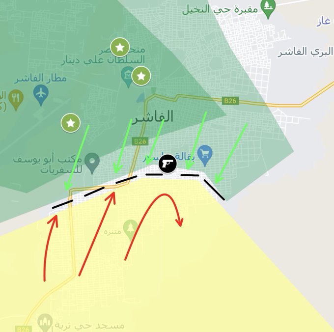 اللون الاسود يرمز الى ابرز مناطق القتال
اللون الاخضر يرمز للقوات المسلحة و القوات المتحالفة معها
اللون الاحمر يرمز لقوات المليشيا
اللون الاصفر يرمز للمناطق التي تسيطر عليها المليشيا (مُحسَّن)