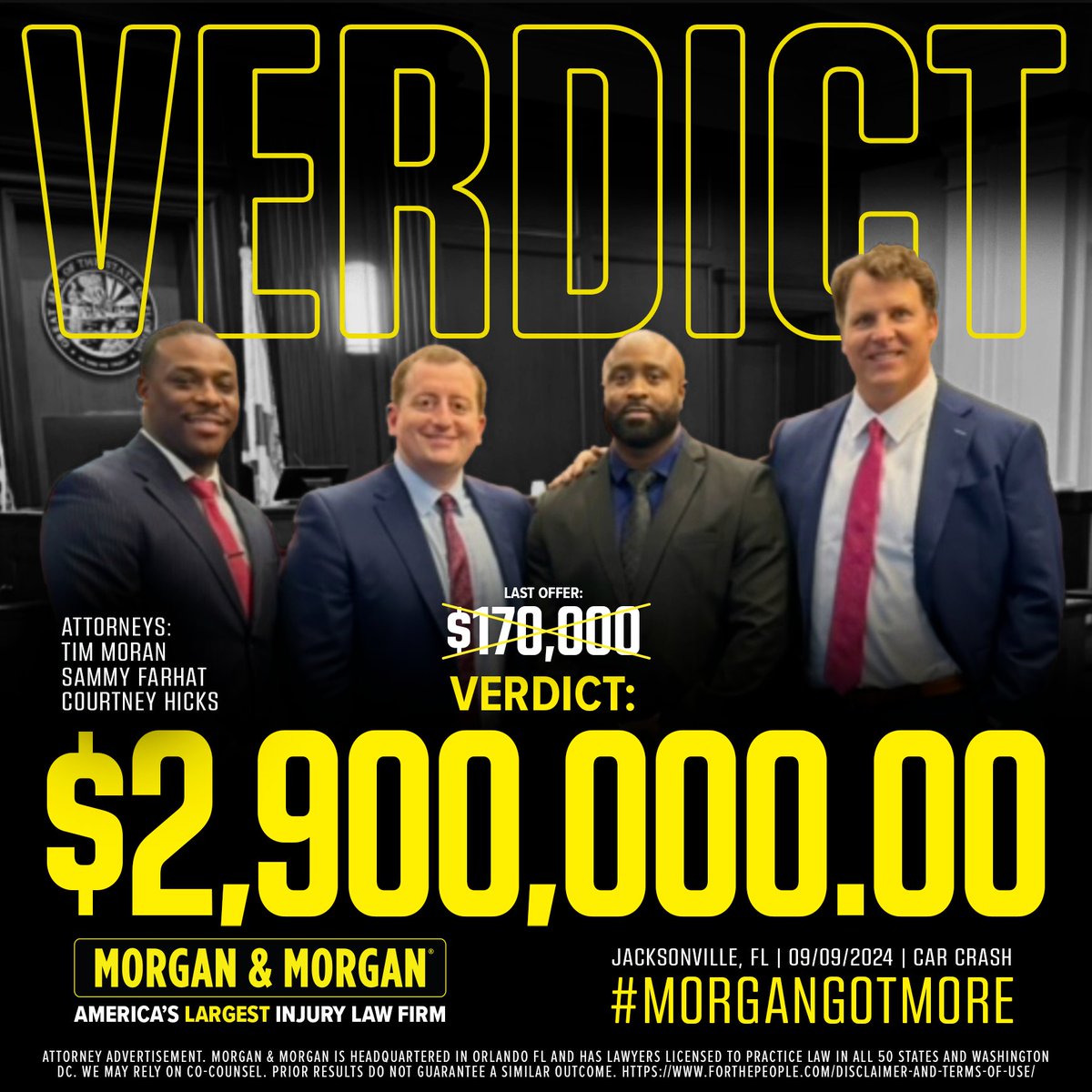 forthepeople's tweet photo. 🚨 #VerdictAlert:

Tim Moran, Sammy Farhat and Courtney Hicks just received a $2,900,000.00 verdict for our client in Jacksonville!

That’s 17x the last offer from big insurance 💪 #MorganMath #ForThePeople https://t.co/p5N7hKq2Ix