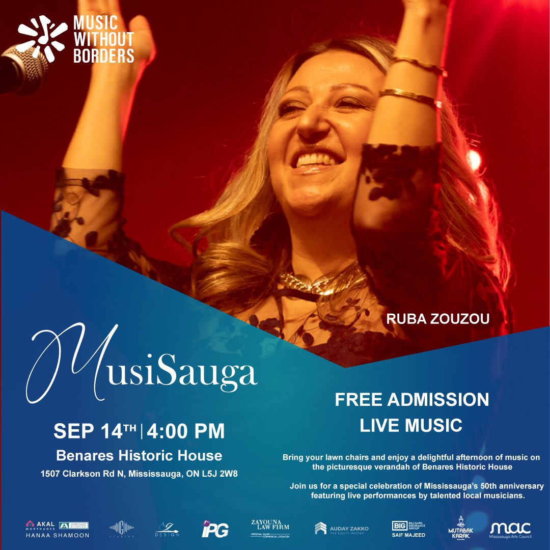 Music Without Borders- Musique Sans Frontières (@mwb_canada) on Twitter photo We're thrilled to announce that Ruba Zouzou will be performing at MusiSauga: A Celebration of Mississauga's 50th Anniversary!
Join us this Saturday for an afternoon of live music on the verandah of the Benares Historic House.
This event is funded by the <a href="/MissArtsCouncil/">Mississauga Arts Council</a>! We're thrilled to announce that Ruba Zouzou will be performing at MusiSauga: A Celebration of Mississauga's 50th Anniversary!
Join us this Saturday for an afternoon of live music on the verandah of the Benares Historic House.
This event is funded by the <a href="/MissArtsCouncil/">Mississauga Arts Council</a>!