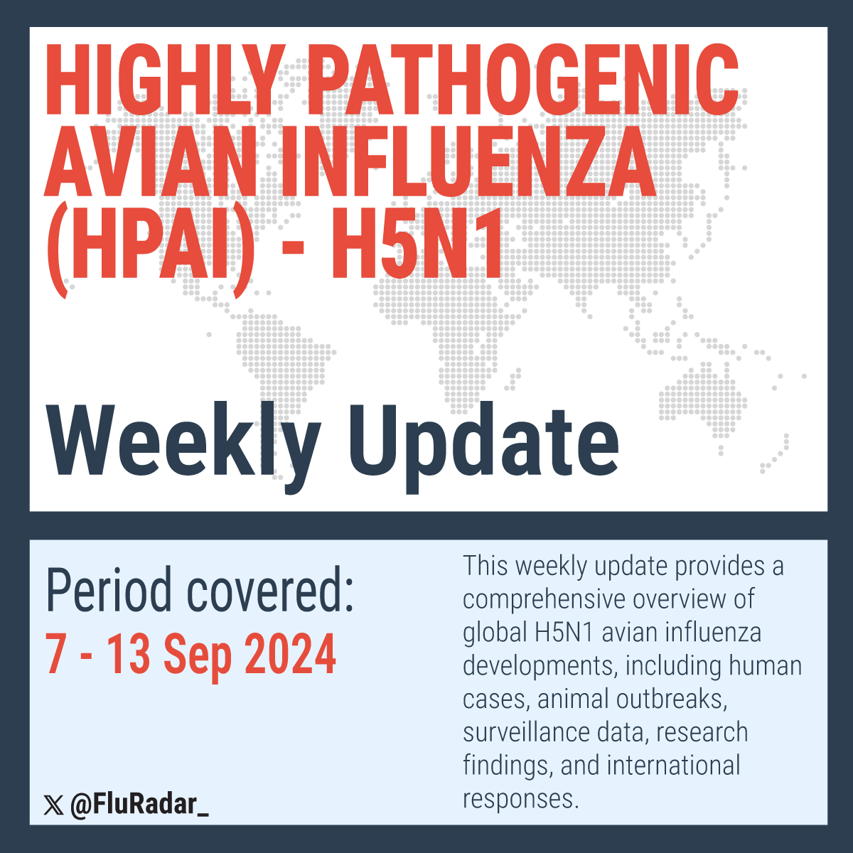 🆕 H5N1 Weekly Update: 7 - 13 Sep 2024

From Missouri's unexpected #H5N1 #BirdFlu human case to global outbreaks, get your concise weekly snapshot of key H5N1 developments worldwide. 

👉Read more fluradar.substack.com/p/h5n1-weekly-…