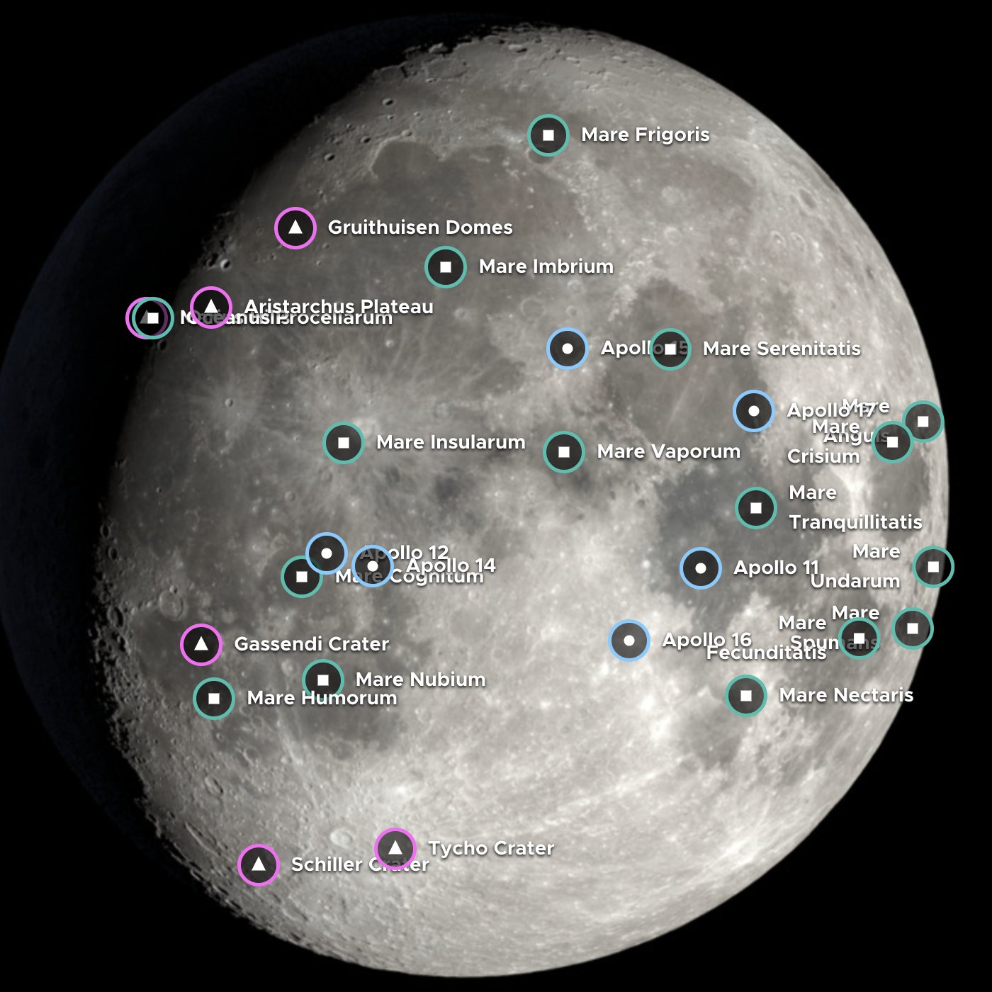 Screenshot of an interactive Moon map: detailed image of the Moon, with dozens of sites labeled with colored buttons. 