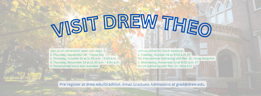 You're invited to visit #DrewTheo! With a variety of on campus and online opportunities, this is the time for you to learn about our masters-level programs and experience what it would be like for you as a student at <a href="/DrewUniversity/">Drew University</a>.

admissions.drew.edu/portal/theoeve…..