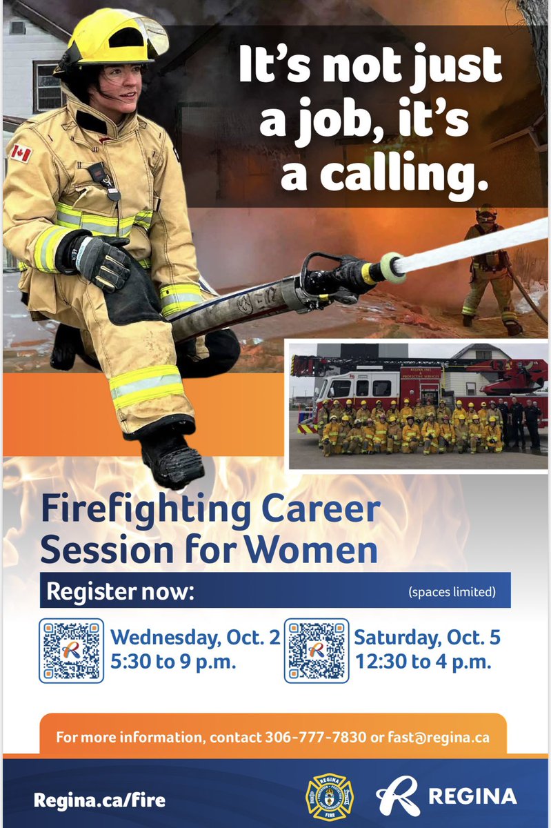Regina_Fire's tweet photo. On October 2nd and 5th RFPS will be hosting career sessions for women to learn more about a career with Regina Fire. Participants will get hands on experience and detailed information on how to obtain a career with our department. Use the QR Code to register now. #YQR https://t.co/LbbXIKau50