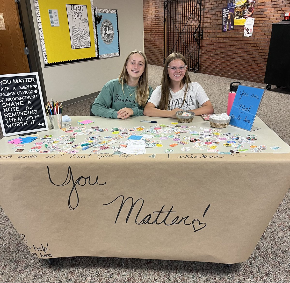 SwatherGuidance's tweet photo. A week of spreading awareness and seizing the awkward with conversations around suicide prevention! 
Mindful Moments 
Suicide Prevention Tools 
Stickers &amp; notes at lunch 
Morning greetings from Friends of Rachel 
#friendsofrachel
 #SuicideAwarenessMonth #YouMatter #swathers https://t.co/fWtkVtnwlK