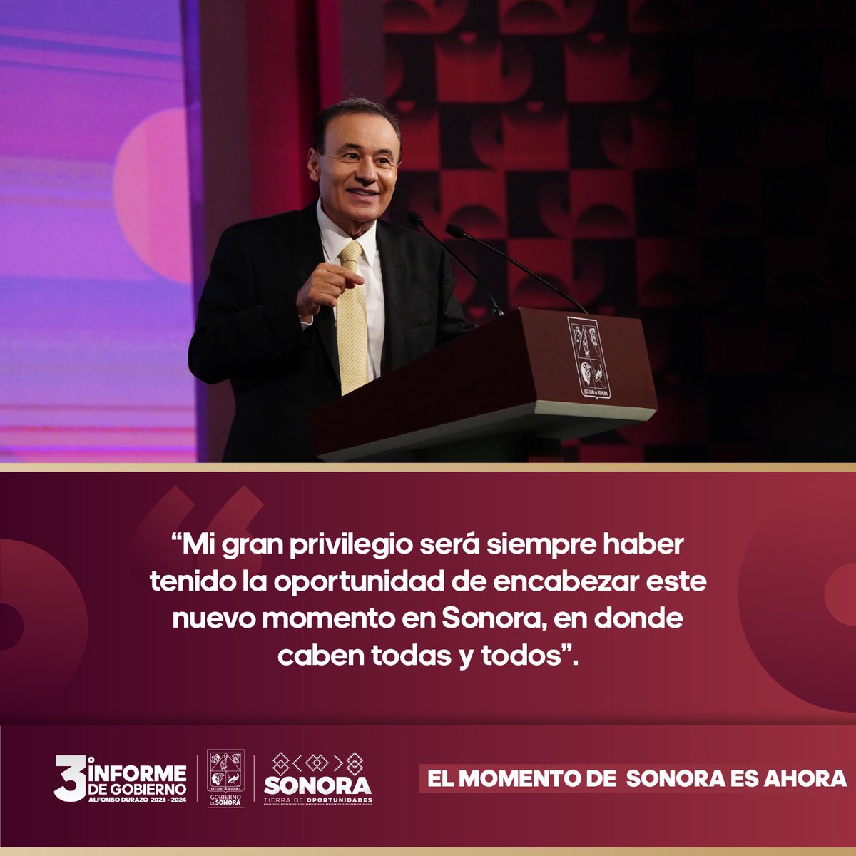Mi gran privilegio será siempre haber tenido la oportunidad de encabezar este nuevo momento en Sonora, en donde caben todas y todos.

#ElMomentoDeSonora es ahora.
