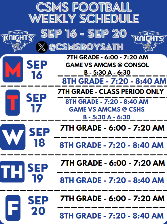 CSMSBoysAth's tweet photo. Week 6 Football Schedule https://t.co/RJ7pADIIhk