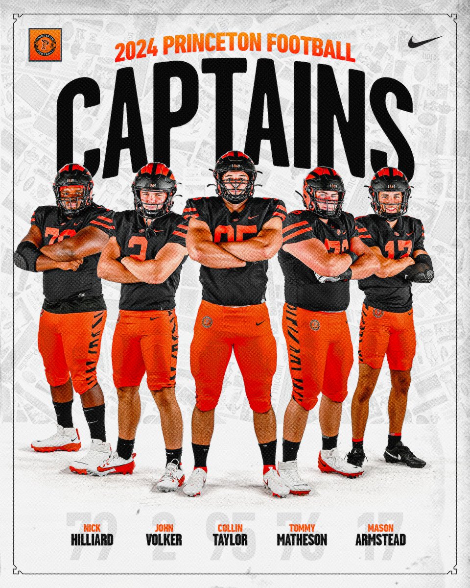 Princeton Football (@princetonftbl) on Twitter photo The Guys.
Congratulations to <a href="/BigNick_74/">Nicholas Hilliard</a>, <a href="/JohnVolker3/">John Volker</a>, <a href="/collintaylor55/">Collin Taylor</a>, <a href="/tmatheson2021/">Tommy Matheson</a> and <a href="/mason_tylerrr/">Mason Armstead</a> on being named captains for the 2024 season!
shorturl.at/IoG07
#JUICE 🍊🥤 The Guys.
Congratulations to <a href="/BigNick_74/">Nicholas Hilliard</a>, <a href="/JohnVolker3/">John Volker</a>, <a href="/collintaylor55/">Collin Taylor</a>, <a href="/tmatheson2021/">Tommy Matheson</a> and <a href="/mason_tylerrr/">Mason Armstead</a> on being named captains for the 2024 season!
shorturl.at/IoG07
#JUICE 🍊🥤