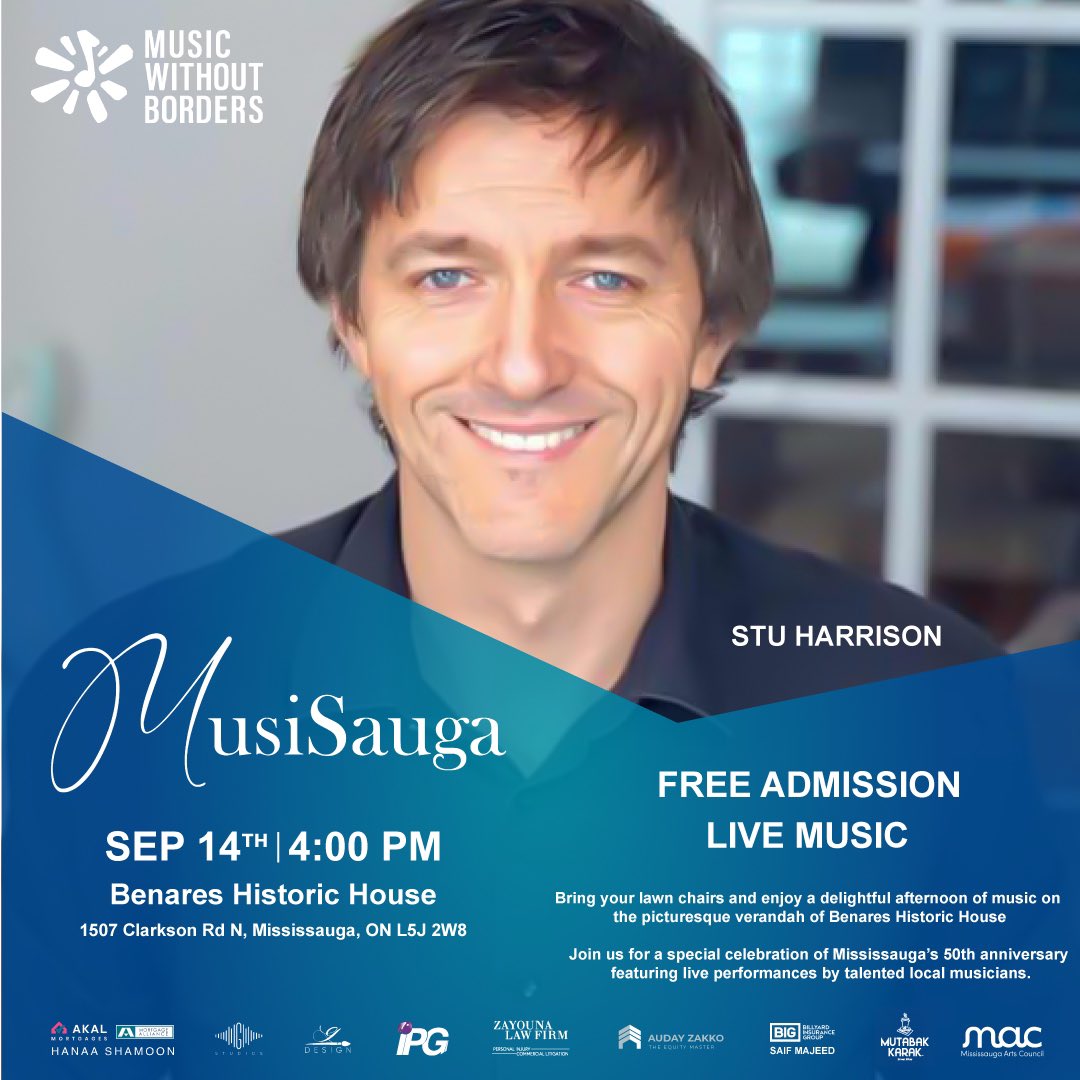 Music Without Borders- Musique Sans Frontières (@mwb_canada) on Twitter photo We're thrilled to announce that Stu Harrison will be performing at MusiSauga: A Celebration of Mississauga's 50th Anniversary!
Join us this Saturday for an afternoon of live music on the verandah of the Benares Historic House.
This event is funded by the <a href="/MissArtsCouncil/">Mississauga Arts Council</a>! We're thrilled to announce that Stu Harrison will be performing at MusiSauga: A Celebration of Mississauga's 50th Anniversary!
Join us this Saturday for an afternoon of live music on the verandah of the Benares Historic House.
This event is funded by the <a href="/MissArtsCouncil/">Mississauga Arts Council</a>!