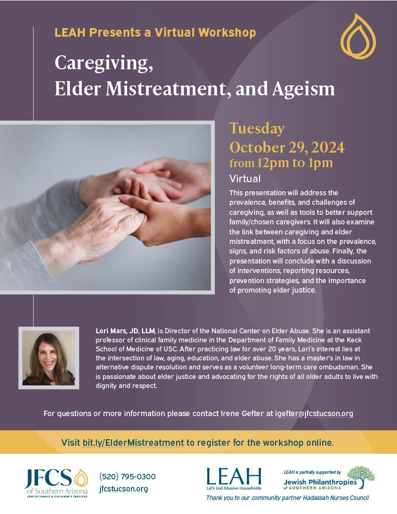 JFCStucson's tweet photo. 🖥️ Free Virtual Workshop: Caregiving &amp; Elder Abuse Prevention
📅 Tue, Oct 29, 2024 🕛 12-1 PM EDT

Learn about

•Caregiving challenges &amp; support
•Elder mistreatment signs
•Prevention strategies

Open to all interested in older adult welfare.

Register: https://t.co/xB6yQOTy7E https://t.co/FBwKf9I8q3
