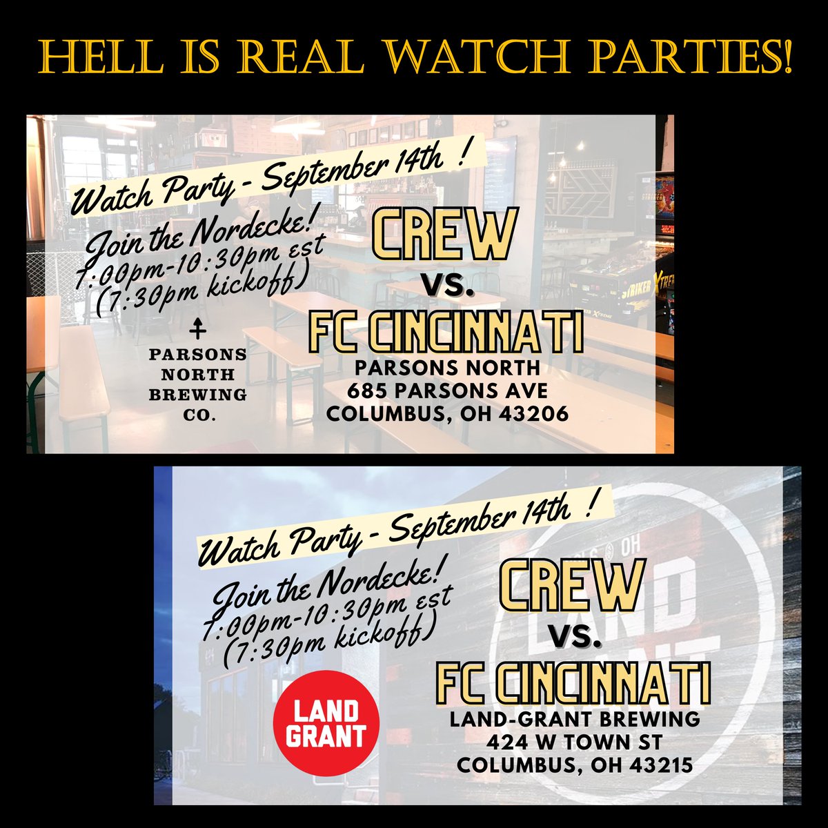Nordecke's tweet image. Not heading to Cincy for the game? There are TWO offical Nordecke watch parties in Columbus and a handful around the country!
Check their social media or nordecke.com for locations!

#Crew96 | #VamosColumbus | #HellisReal