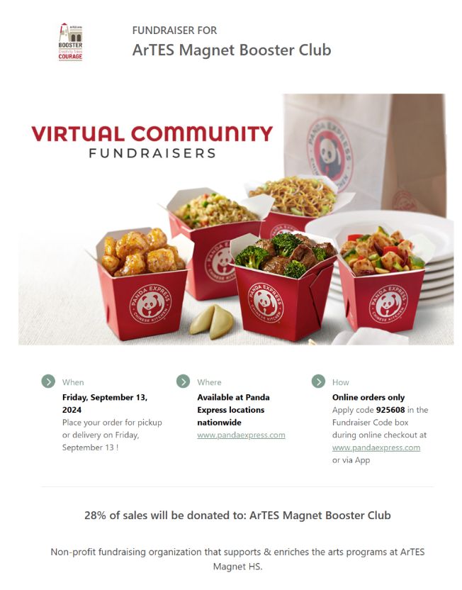 ArtesMagnet's tweet photo. ArTES Panda Express Fundraiser is TODAY!! Order some yummy Panda Express for dinner ONLINE and then apply the code 925608 in the fundraiser codebox at checkout! Help us raise funds for the arts programs here at ArTES! See the flier for details! https://t.co/aDHSJHZa19