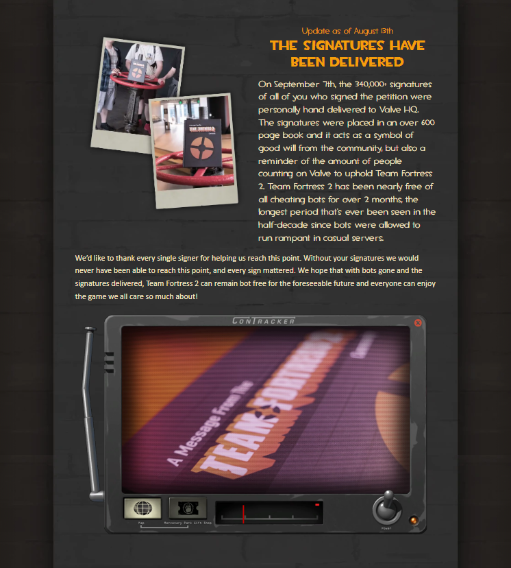 We updated the save.tf website one last time with some cool new graphics to give a final thank you for participating and to show everyone the book was respectfully delivered to Valve HQ. Thanks for participating everyone! #FixTF2