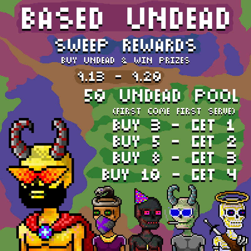 BasedUndeadPC's tweet photo. Sweep contest alert!🧹💀 

7 day challenge 🎁 50 NFT POOL!

-those 50 free ones get claimed by sweeps then the contest ends. but if 50 aren’t claimed in 7 days it also ends. 🔥It's started, lfg!

links⤵️ https://t.co/AWc63EPxFQ